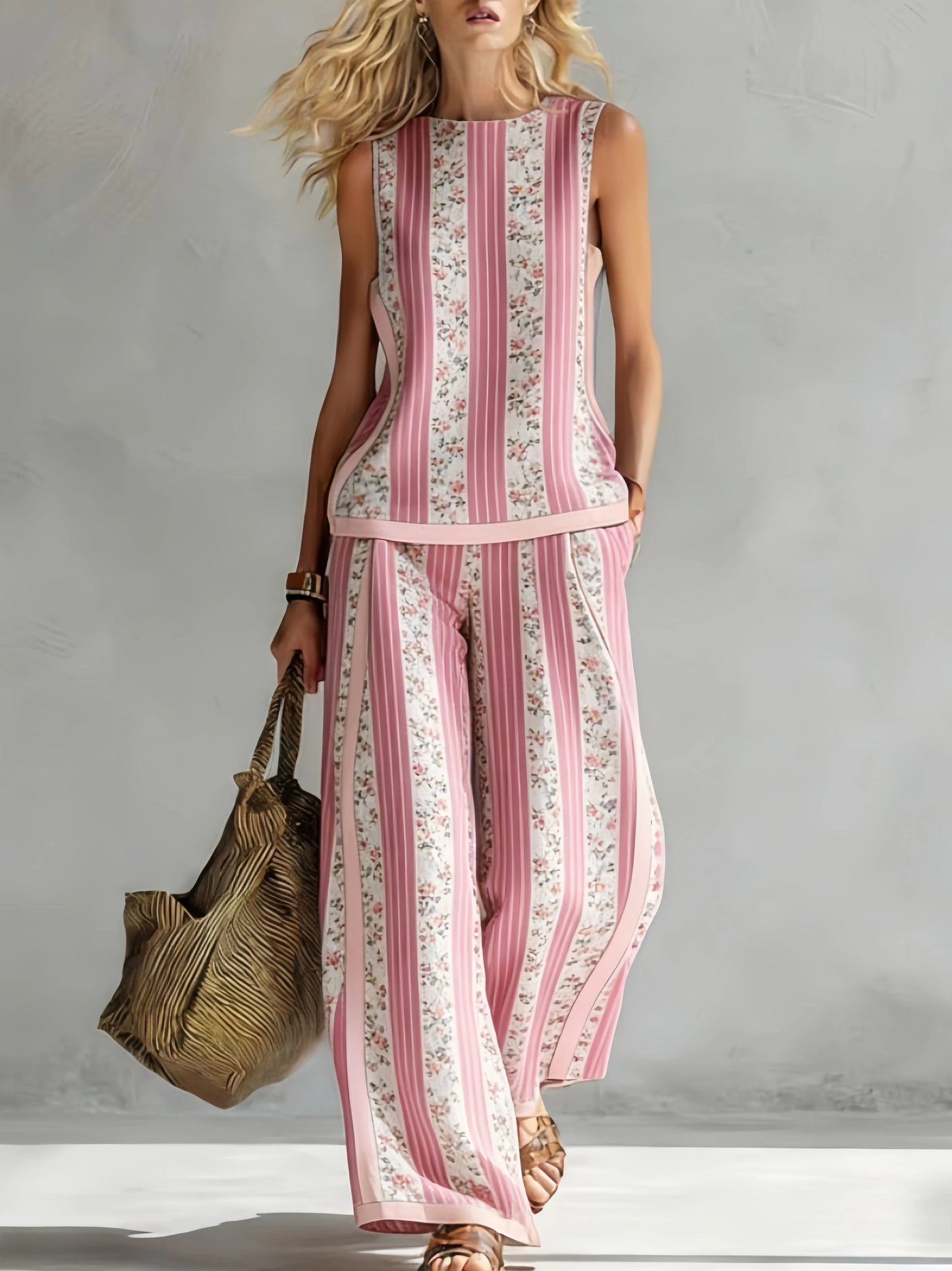 Fashion Retro Printed Sleeveless Tops Trousers 2-piece Set Women's Summer Casual Vest Loose Wide Leg Trousers Female Suit Pocket