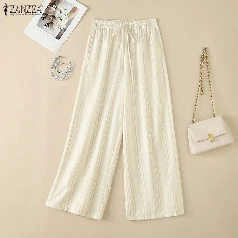 ZANZEA Women Casual Trousers Summer Bohemian Holiday Pants Elastic Waist Baggy Pantalon Vintage Lace -Up Striped Beach Palazzo