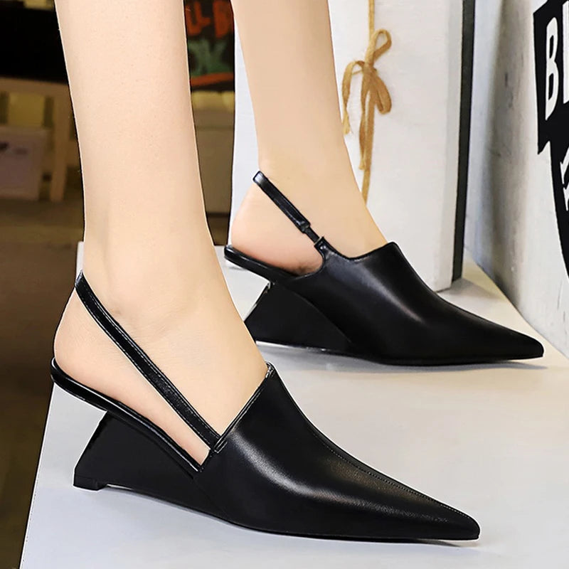 BIGTREE Shoes Women Pumps New Designer Wedge Heels Shoes Hollow Back Strap Sandals Women Shoes Pointed End Wedges Office Shoes