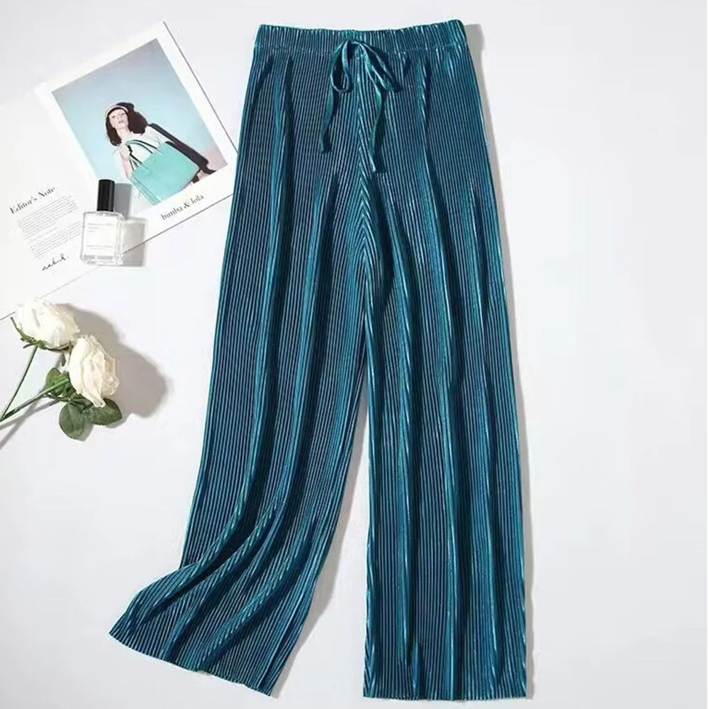 2025 New Women's Summer Thin High-waist Korean Style Non-iron Pleated Straight Leg Solid Loose Drape Wide-leg Pants Dropshipping