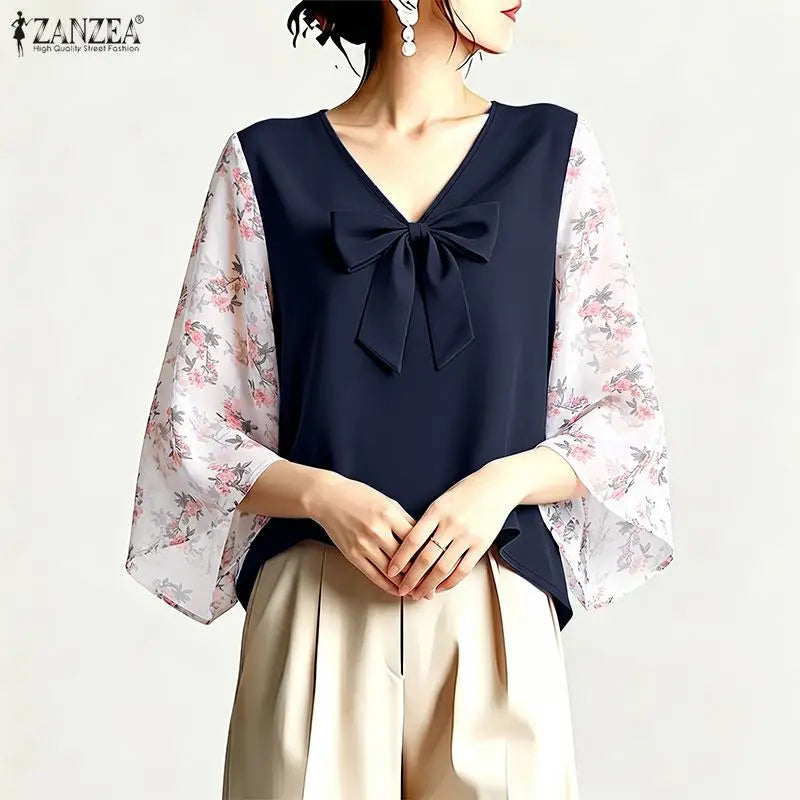 ZANZEA 2026 Women Bow Detail Blouses Elegant V-Neck Floral 3/4 Bell Sleeves Patchwork Tops Autumn Loose High Low Blusas Mujer