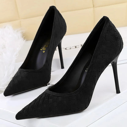 BIGTREE Shoes Grid Suede Design Women Pumps Stiletto 9.5 CM Sexy Party Shoes Pointed Tip High Heels Ladies Shoes Office Shoes