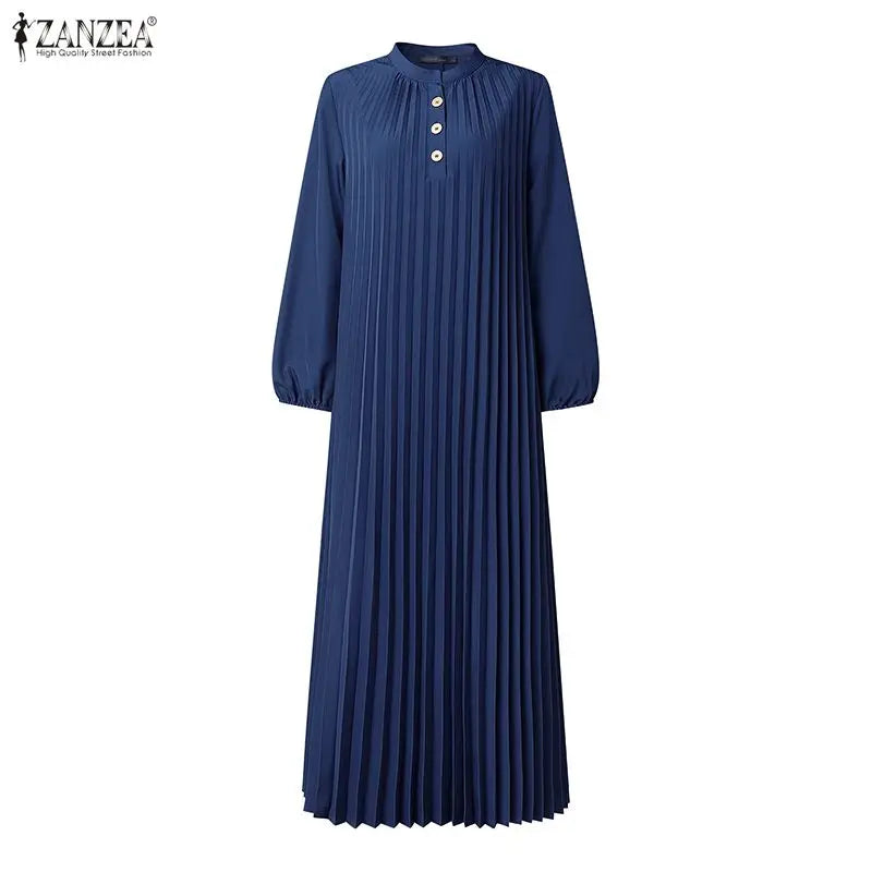 Fashion Muslim Abaya Dress ZANZEA Elegant Women Stand Neck Long Sleeve Pleated Sundress IsIamic Dubai Robe Casual Kaftan Ramadan