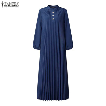 Fashion Muslim Abaya Dress ZANZEA Elegant Women Stand Neck Long Sleeve Pleated Sundress IsIamic Dubai Robe Casual Kaftan Ramadan