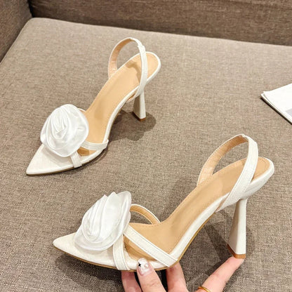 Summer Fashion Silk Rose Flowers Back Strap Heeled Sandals Women Pointed Open Toe Red High Heels Wedding Prom Shoe Zapatos Mujer