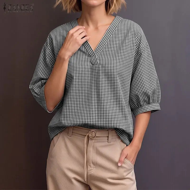 ZANZEA Woman Casual Gingham Check Blouses V-Neck Lantern 3/4 Sleeves Loose Tunic Top 2026 Summer Daily Wear Blusas Mujer S-3XL
