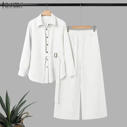 Modest Pant Suits for Hijabs Women Fashion Sashes Long Sleeve Shirts and Elastic Waist Pants 2 Piece Muslim Sets Islamic Outfits