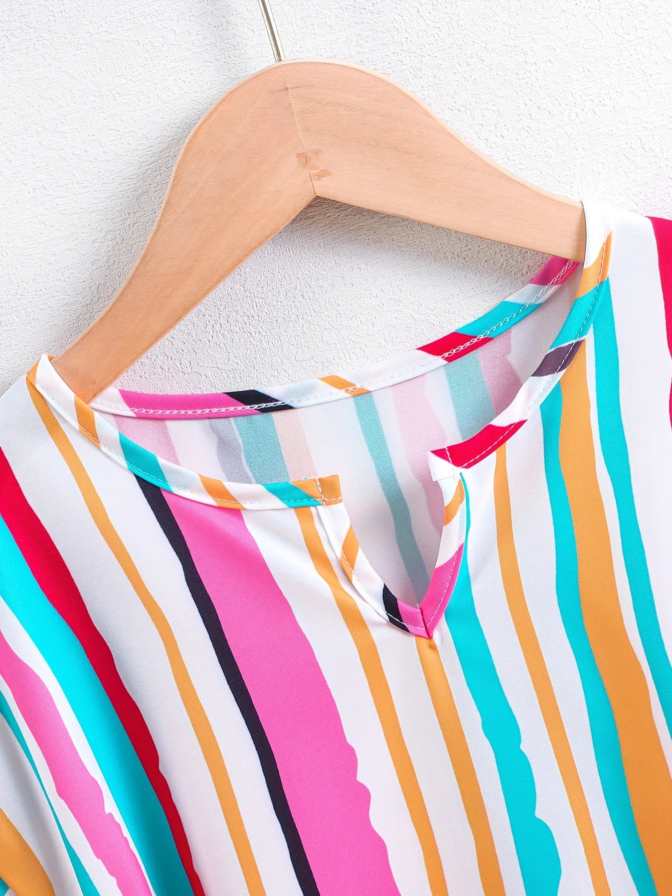 Girls' Summer Casual Fashion Sweet Colorful Striped V-Neck Belted Irregular Hem Short-Sleeved Dress
