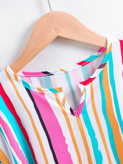 Girls' Summer Casual Fashion Sweet Colorful Striped V-Neck Belted Irregular Hem Short-Sleeved Dress