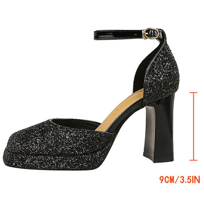 BIGTREE Shoes Chunky Block Heels Women's Sandals Sequined High Heels Fashion Wedding Shoes Platform Sandals Summer Women Shoes