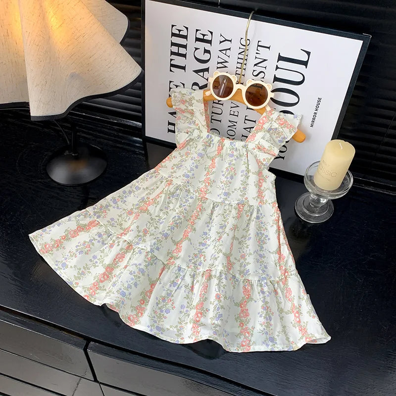 2026 Summer Girls Flutter Sleeve Dress Kids Printed Tiered Princess Dresses for 1-12Y Children Vacation Clothes