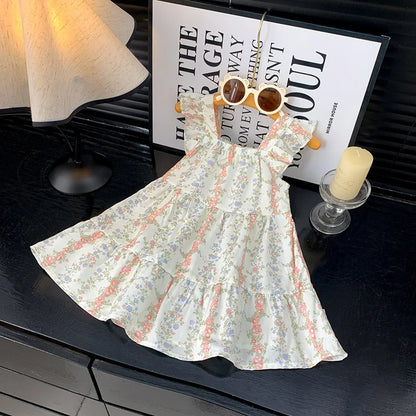2026 Summer Girls Flutter Sleeve Dress Kids Printed Tiered Princess Dresses for 1-12Y Children Vacation Clothes