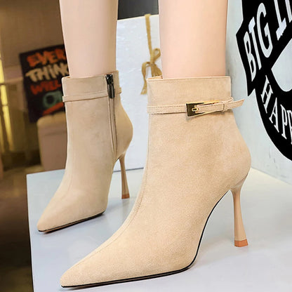 Fashion Sexy High-Heeled Boots Women Shoes Belt Buckle Side Zipper Ladies Ankle Boots Pointed Suede Women Boots Stilettos 9 cm
