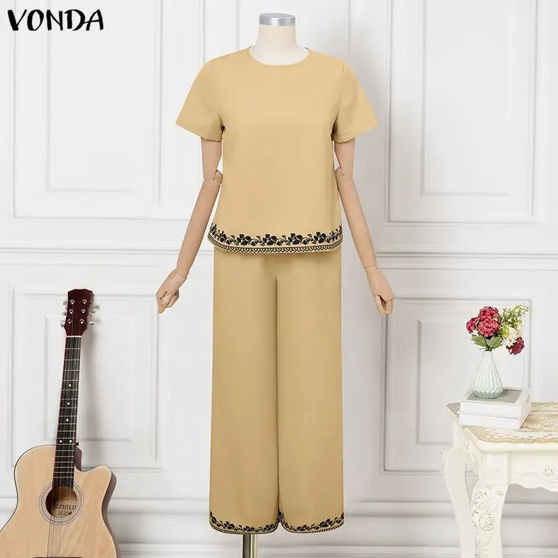 VONDA Summer Thin Women Pant Sets Print 2pcs Casual Short Sleeve Tops Wide Leg Pants Streetwear Two-piece Outfits Blusas Trouser