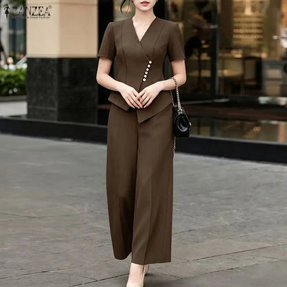 2026 Summer Pant Sets ZANZEA Fashion Women 2 Pieces Sets Short Sleeve Blouse Wide Leg Trousers Solid OL Work Outfits Tracksuit