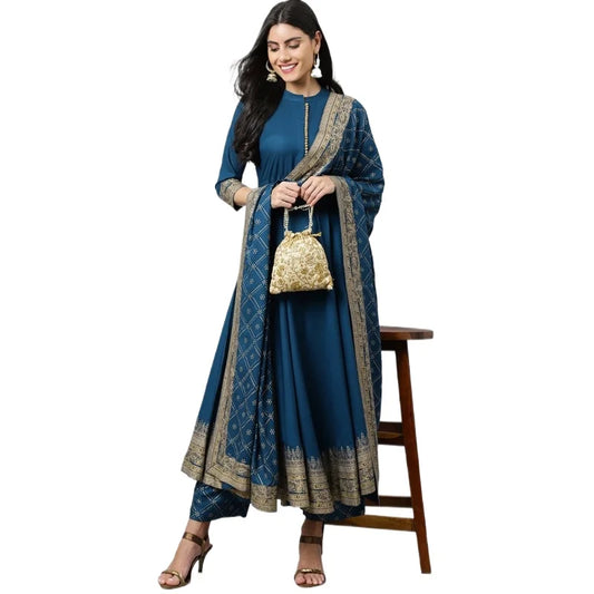 Indian Ethnic Wear Women Kurta Set Blue Printed Cotton Silk Suit Summer Traditional Salwar Kameez 3pcs Sets Breathable Outfit