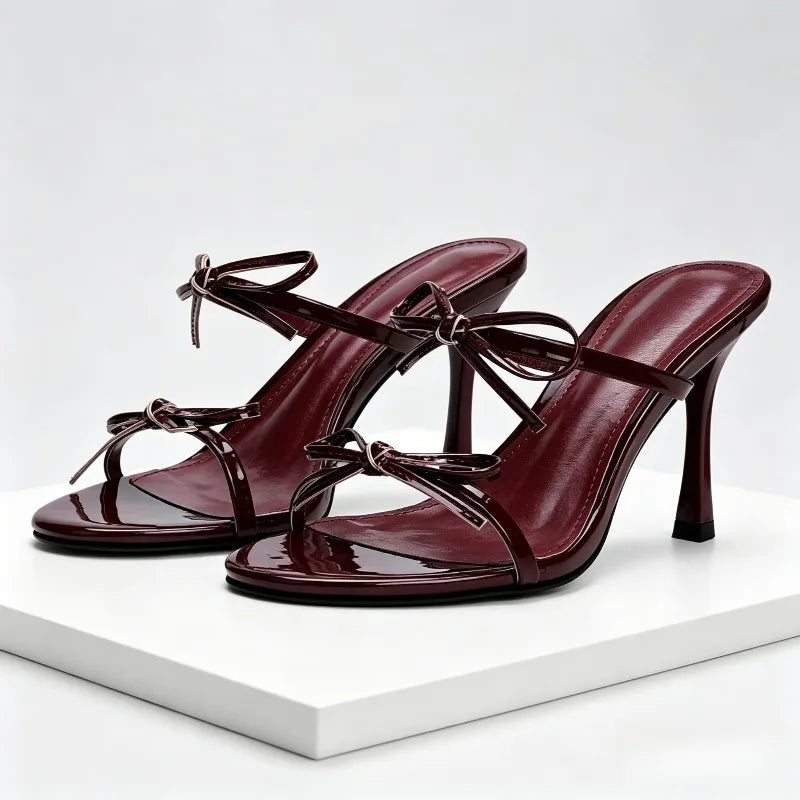 Luxury Designer Slippers Women Double Bow Decoration Sexy Peep Toe Slides Sandals Summer Elegant High Heels for Ladies Sandalias