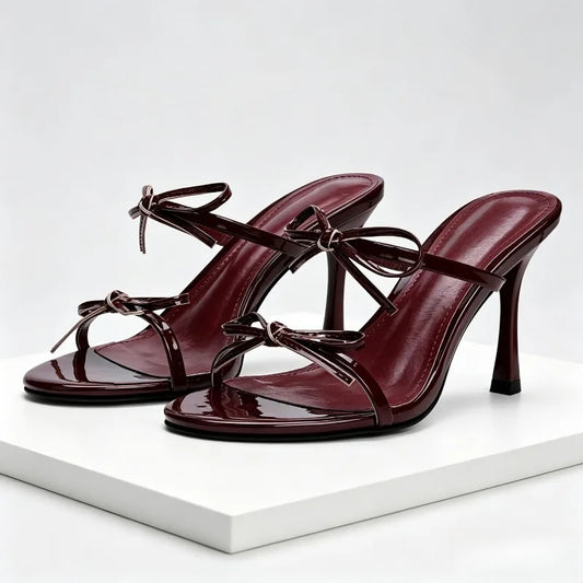 Luxury Designer Slippers Women Double Bow Decoration Sexy Peep Toe Slides Sandals Summer Elegant High Heels for Ladies Sandalias