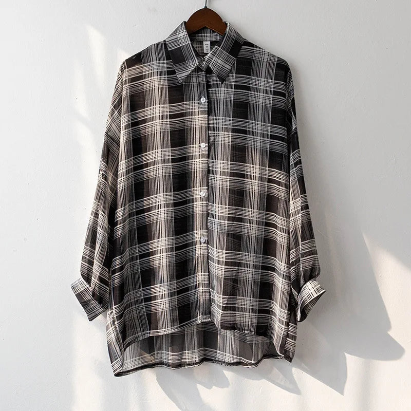 Sheer Chiffon Plaid Shirt for Women Ovesized Collared Button-down Blouse Summer Laides Slouchy Casual Outfit
