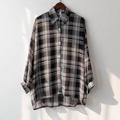 Sheer Chiffon Plaid Shirt for Women Ovesized Collared Button-down Blouse Summer Laides Slouchy Casual Outfit