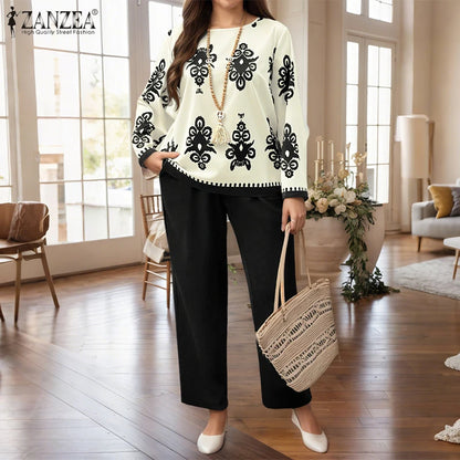 Plus Size Sets ZANZEA 2026 Autumn Women Elegant Pants Sets Vintage Printed Long Sleeve Tops Long Pants Office Lady Suits Casual