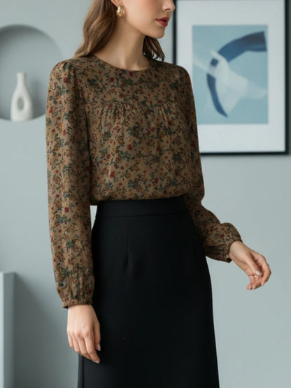 ZANZEA Women's Elegant Floral Blouses Autumn Cotton Linen Long Puff Sleeve O-Neck Gathered Loose Tops Casual Daily Woman Clothes