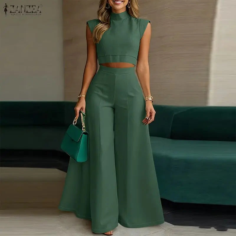 ZANZEA Women's Elegant Pant Suits Wide Leg Pant & Stand Collar Crop Top 2 Pieces Sets Minimalist Fashion Outfits Streetwear