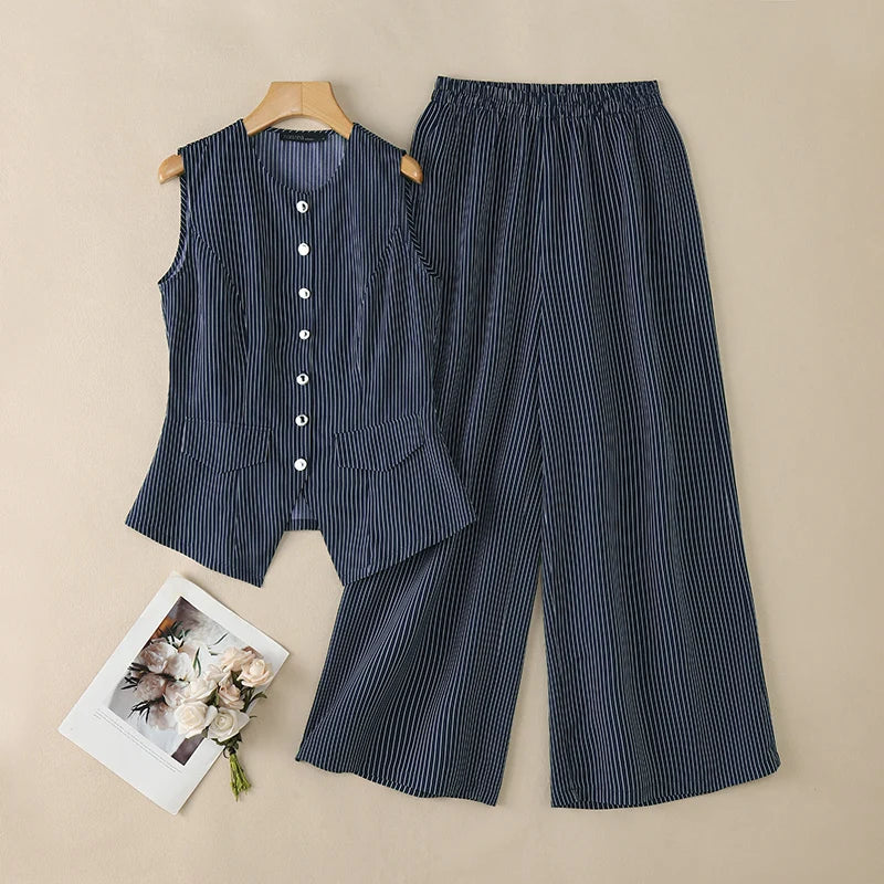 2026 ZANZEA Summer Striped Pant Sets Office Women Outfit Elegant Sleeveless Vest Tops Trousers 2 Piece Sets Stylish OL Work Suit
