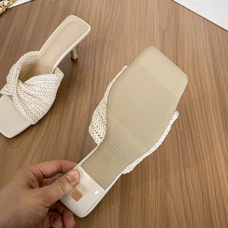 BIGTREE Shoes Women Mule Heels 6.5 Stiletto Weave Women Pumps High-Heeled Slippers Women Sandas Summer Shoes Sexy Kitten Heels