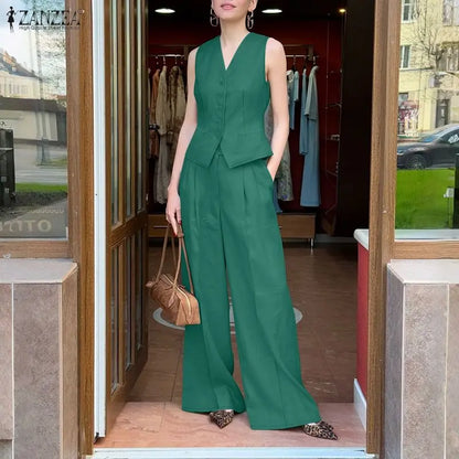 ZANZEA 2025 Summer Elegant V Neck Sleeveless Vests Tops Trousers Suits Stylish Women Outfits 2 Piece Sets Fashion OL Tracksuit