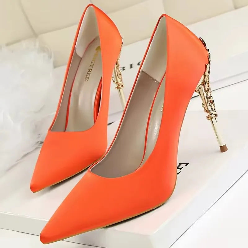 BIGTREE Shoes Women Pumps Flower Carved Metal Heel Women Shoes Fashion Wedding Shoes Satins Stilettos Heels 10 Cm High Heels