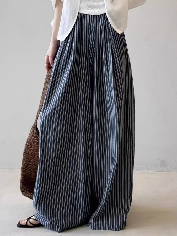 Summer Wide Leg Pants Women Loose Slimming Lazy Stripe Floor-Length Trousers Trendy High Waist Casual Style Breathable Skin-F...