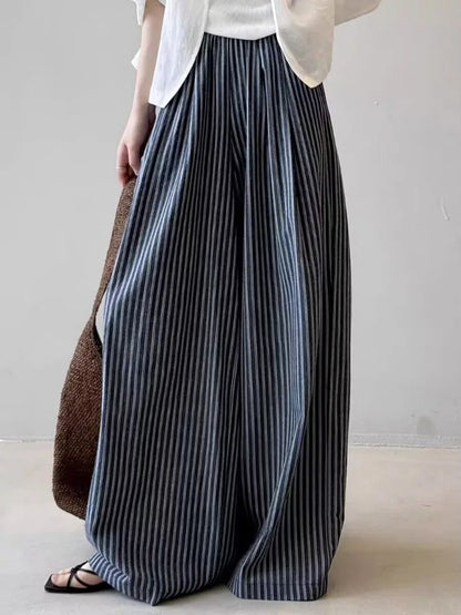 Summer Wide Leg Pants Women Loose Slimming Lazy Stripe Floor-Length Trousers Trendy High Waist Casual Style Breathable Skin-F...