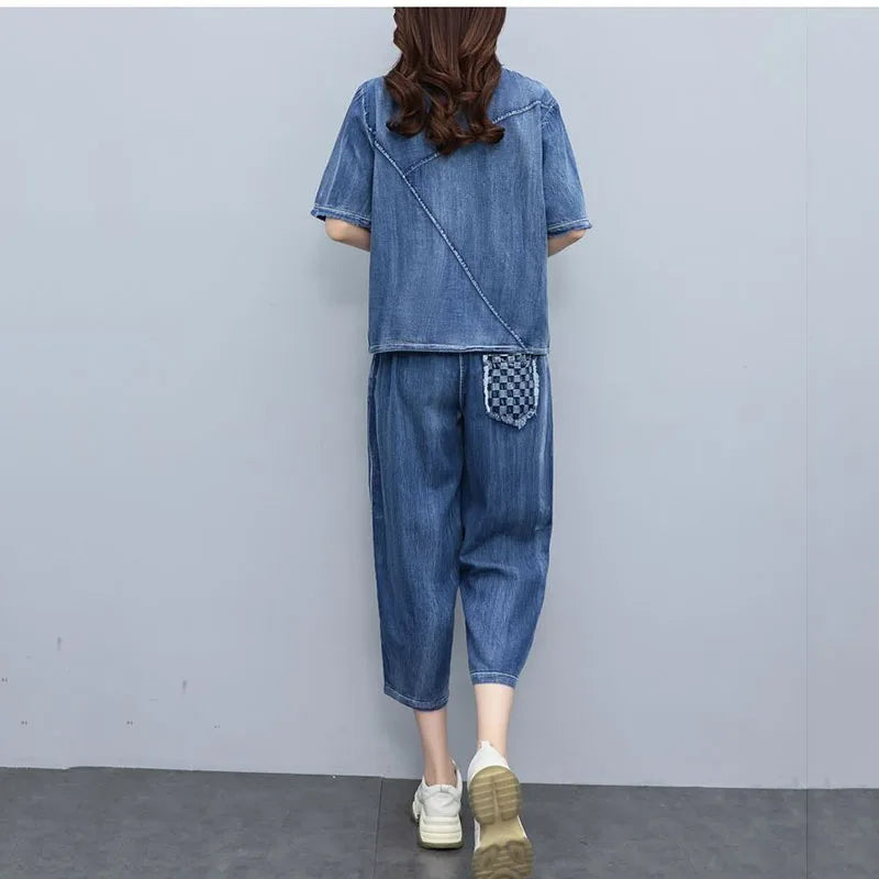 2026 Summer Women Embroidered Mosaic Lattice Denim Two-Piece Suit Fashion Sportswear Female Casual Loose 2 Piece Set Ladies