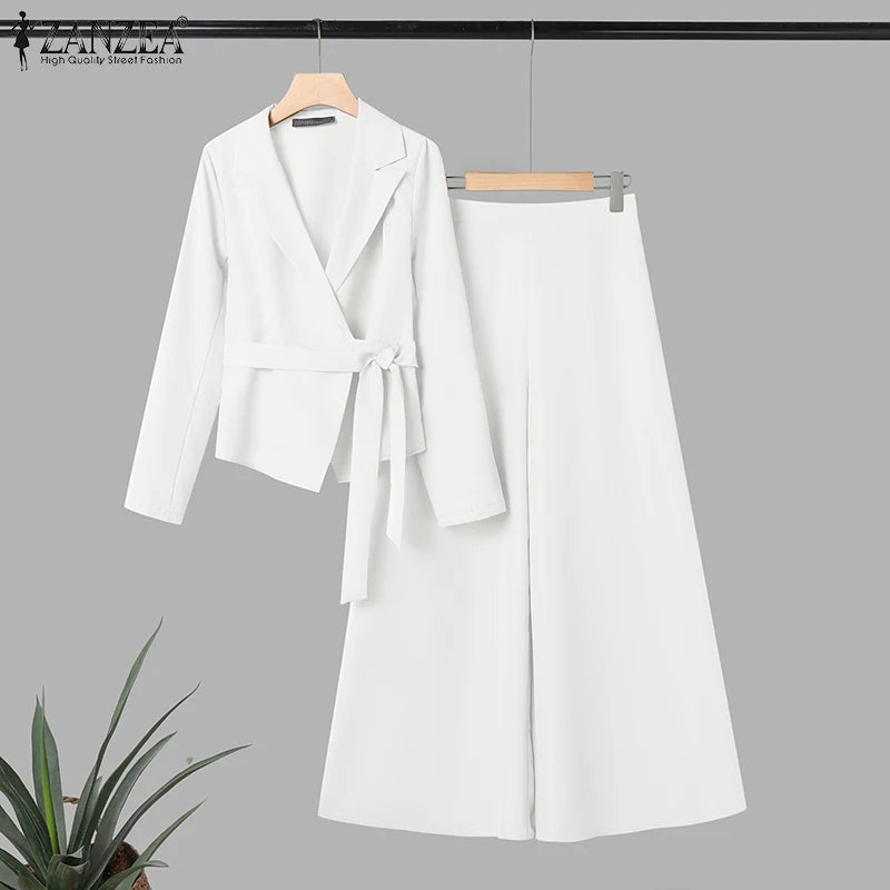 ZANZEA Women's Minimalist 2-Piece Pant Sets Elegant Long Sleeve Belted Blouse & Wide Leg Pant 2pcs Suits Office Work Co-ords