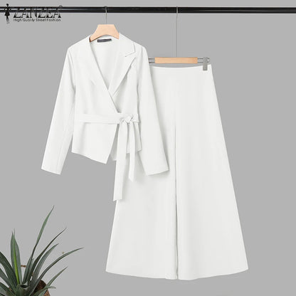 ZANZEA Women's Minimalist 2-Piece Pant Sets Elegant Long Sleeve Belted Blouse & Wide Leg Pant 2pcs Suits Office Work Co-ords