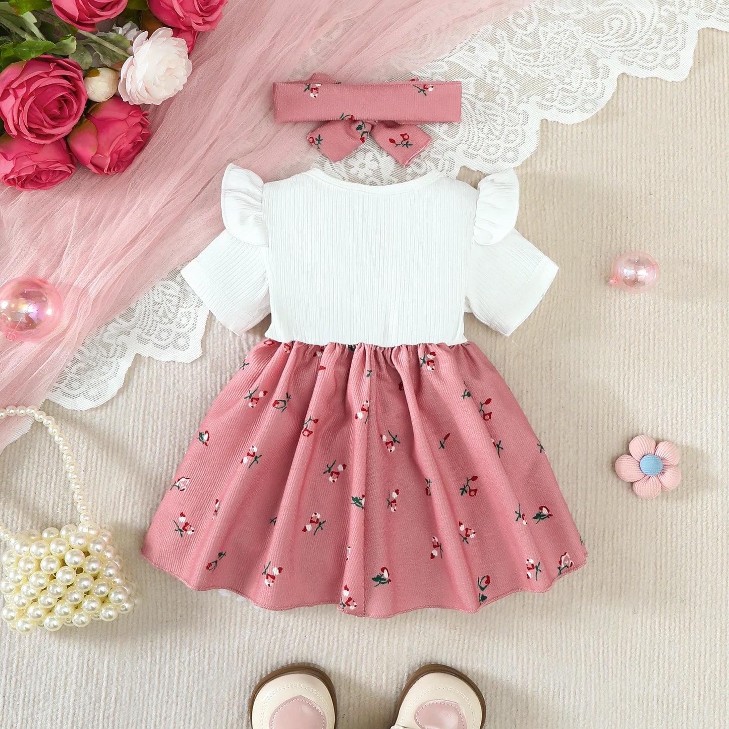 2PCS Infant Baby Girl Pink Cherry Print Ruffle Short Sleeve  Dress + Headbandr for 0-2Y Toddler Sweet Summer Princess Dress