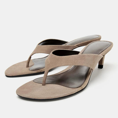 Luxury Designer Faux Suede Women's Slippers Sexy Round-Toe Flip-Flops Comfort Summer High-Heeled Sandals for Ladies Beach Shoes
