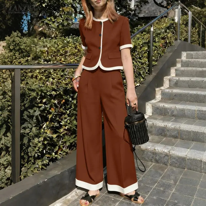 2026 Summer Outfits ZANZEA Fashion Women Pant Sets Patchwork Tracksuit Short Sleeve Shirt Wide Leg Trousers OL Work 2 Piece Sets