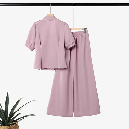 Women Elegant Office Pant Sets Puff Sleeve Peplum Tops Wide Leg Pants Pleated Cinched Waist Workwear V-Neck Solid Suit ZANZEA