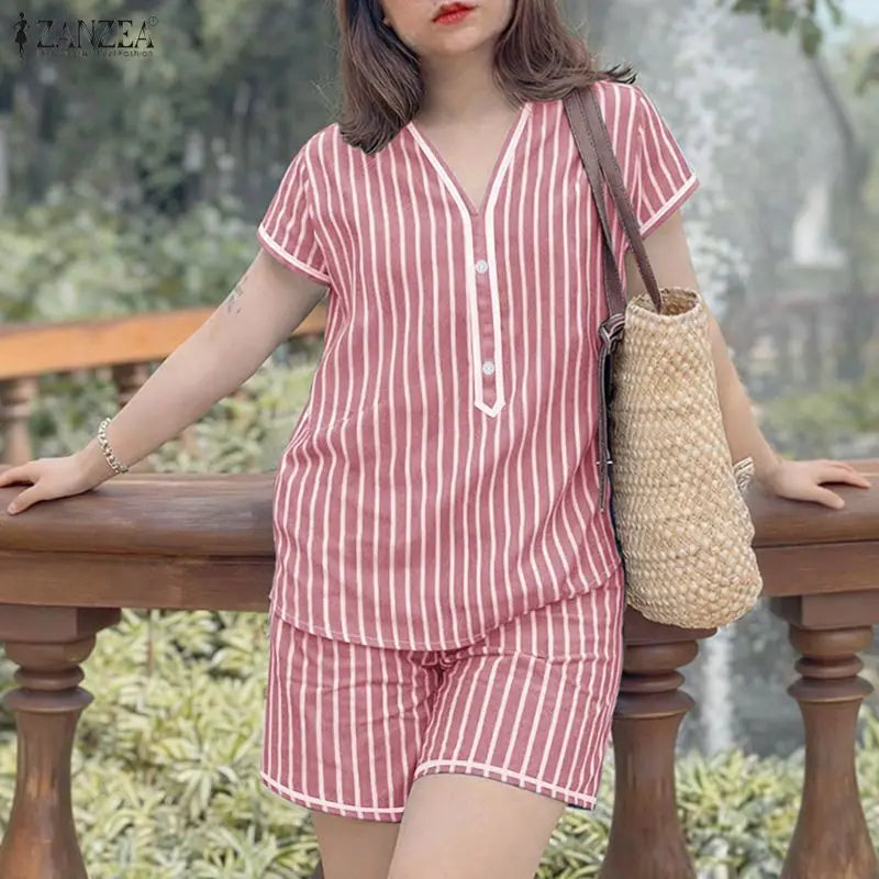 ZANZEA Women Casual Striped Short Suits Short Sleeve V-Neck Blouse & Elastic Waist Shorts 2 Pieces Sets Summer Loose Outfits