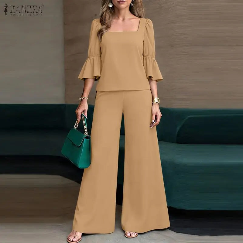 ZANZEA Fashion 2PCS Women Square Neck 3/4 Flare Sleeve Blouse Wide Leg Pant Sets Elegant Solid OL Work Outfit 2 Pieces Sets 2026