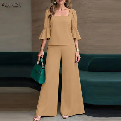 ZANZEA Fashion 2PCS Women Square Neck 3/4 Flare Sleeve Blouse Wide Leg Pant Sets Elegant Solid OL Work Outfit 2 Pieces Sets 2026