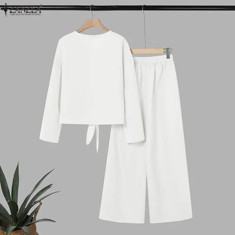 ZANZEA Women's Stylish 2-Piece Sets Long Sleeve V-Neck Tied-Hem Blouse & Wide Leg Pant Matching Sets Minimalist Casual Co-ords