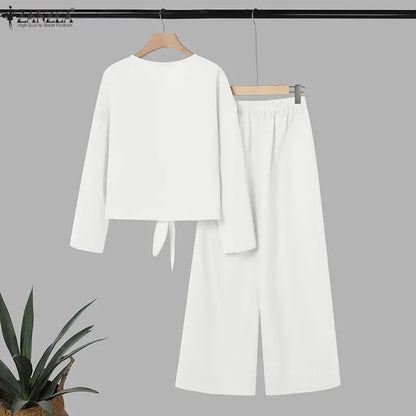ZANZEA Women's Stylish 2-Piece Sets Long Sleeve V-Neck Tied-Hem Blouse & Wide Leg Pant Matching Sets Minimalist Casual Co-ords
