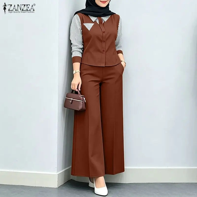 ZANZEA Autumn Stripe Patchwork Long Sleeve Blouse Wide Leg Pants Sets Women Muslim Two Piece Suit Elegant Modest Ramadan Outfits