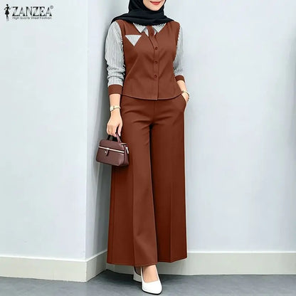 ZANZEA Autumn Stripe Patchwork Long Sleeve Blouse Wide Leg Pants Sets Women Muslim Two Piece Suit Elegant Modest Ramadan Outfits