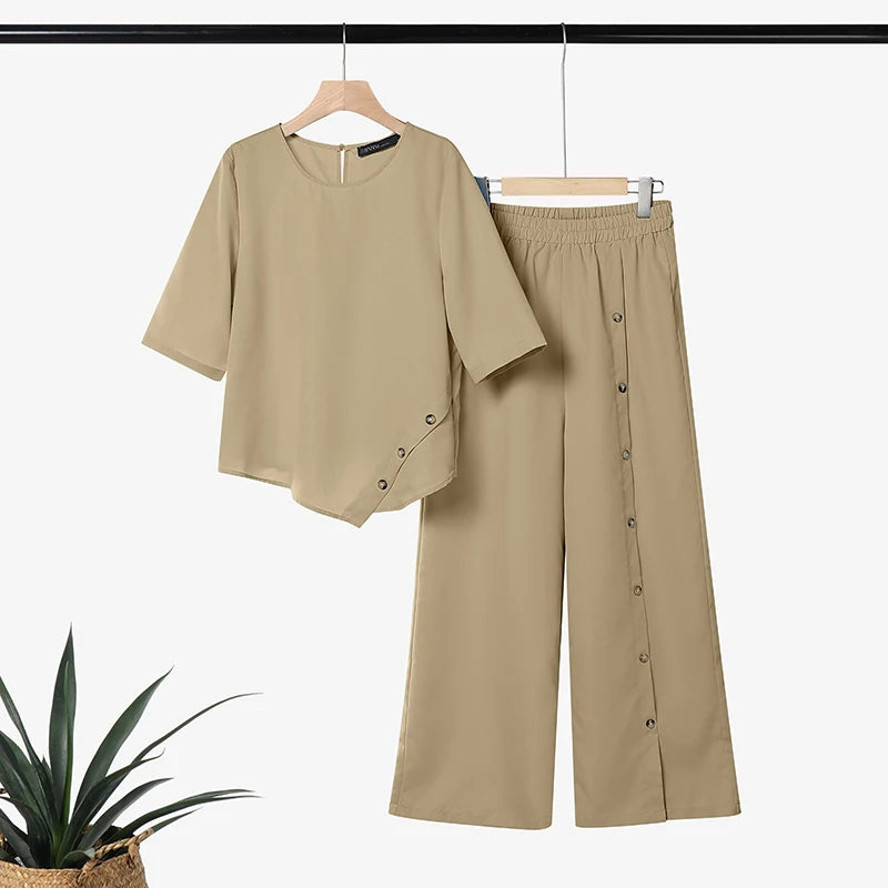 ZANZEA Fashion Summer Half Sleeve Blouse Pant Sets 2026 Women Matching Sets 2PCS OL Work OutfitsAsymmetrical Tops Trousers Suit