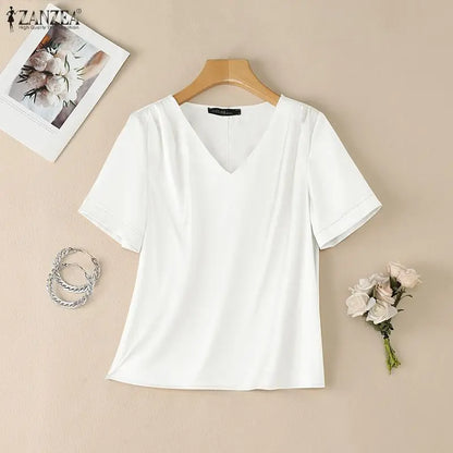 ZANZEA Women's Elegant Chic Satin Silk Blouses V-Neck Short Sleeve Pleated Detail Pullover Tops Minimalist Solid Blusas de Mujer
