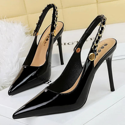 BIGTREE Shoes Metal Chain Women Pumps Patent Leather New Women 7 Cm 9.5 Cm Heels Women Summer Stilettos Sandals High Heels